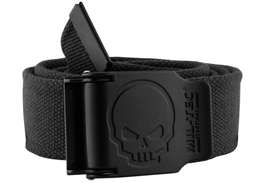 CEINTURE NOIRE BOUCLE TETE DE MORT 4CM X 130CM