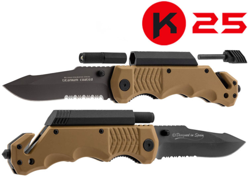 Couteau pliant tactique/ Survie K25 Tan avec lampe, allume-feu, brise-vitre et coupe-ceinture