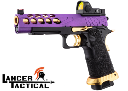 Réplique Airsoft Lancer Tactical GBB Stryk Hi-Capa 5.1 Violet et Or avec RMR